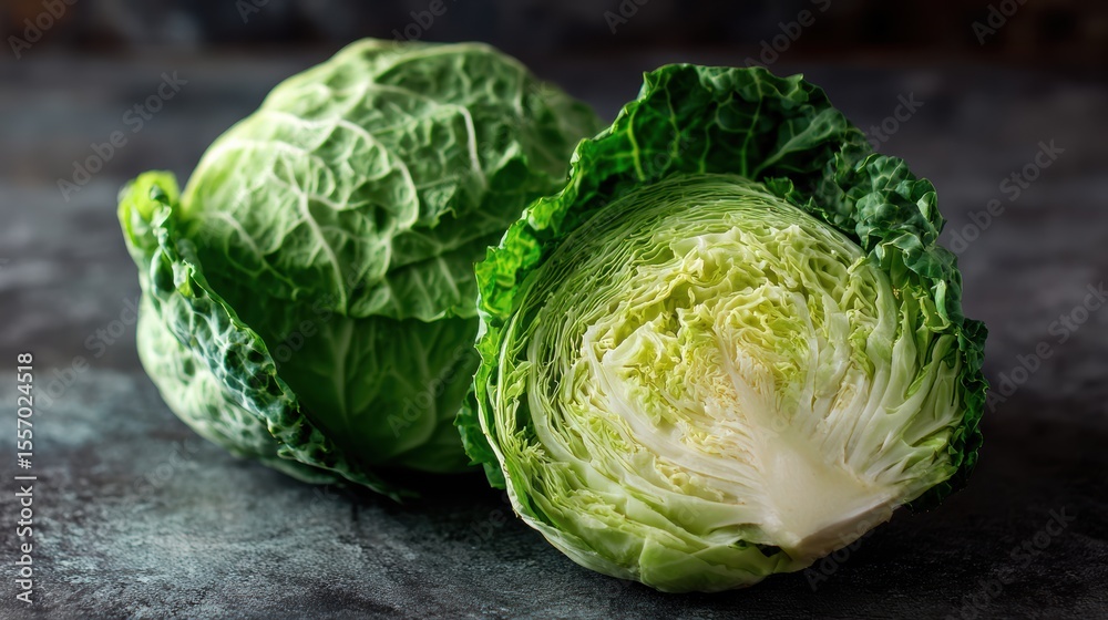 Obraz premium Fresh, vibrant green cabbage cut in half, showcasing its crisp leaves and texture on a dark surface.