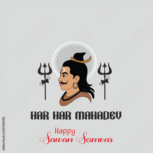  Happy Swan Somvar Lord Shiva, the Hindu deity, with a blue face, third eye, and flowing black hair. He is seated in a meditative pose, holding a trident and a skull, with a calm and focused