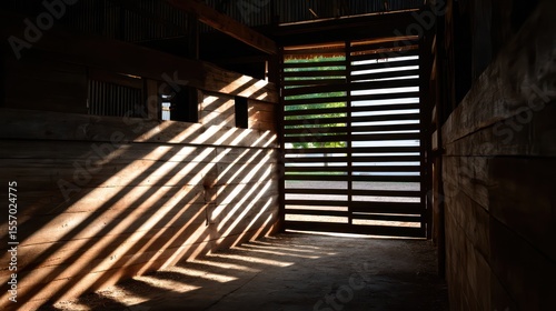 Cape Cod outbuilding with barn door ajar sunlight streaming slats casting linear shadows inside high-contrast realism cool indoor