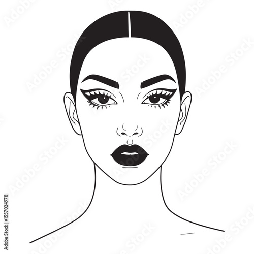Stylish line art illustration of a beautiful woman with bold makeup and fashionable look