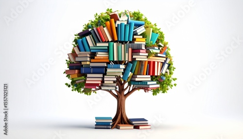 Tree of Knowledge, an imaginative depiction of a tree formed by books and school supplies, representing the growth of learning and education