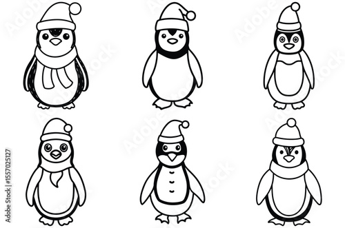 Set of six cute cartoon penguins wearing santa hats and scarves