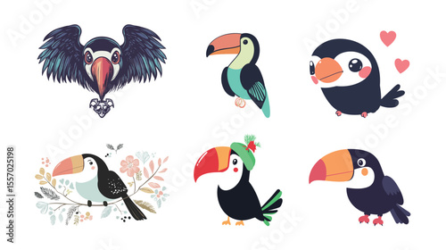 Adorable vector illustration of a cute toucan with colorful beak and simple stylized features, perfect for children's designs, educational materials, tropical wildlife themes, 