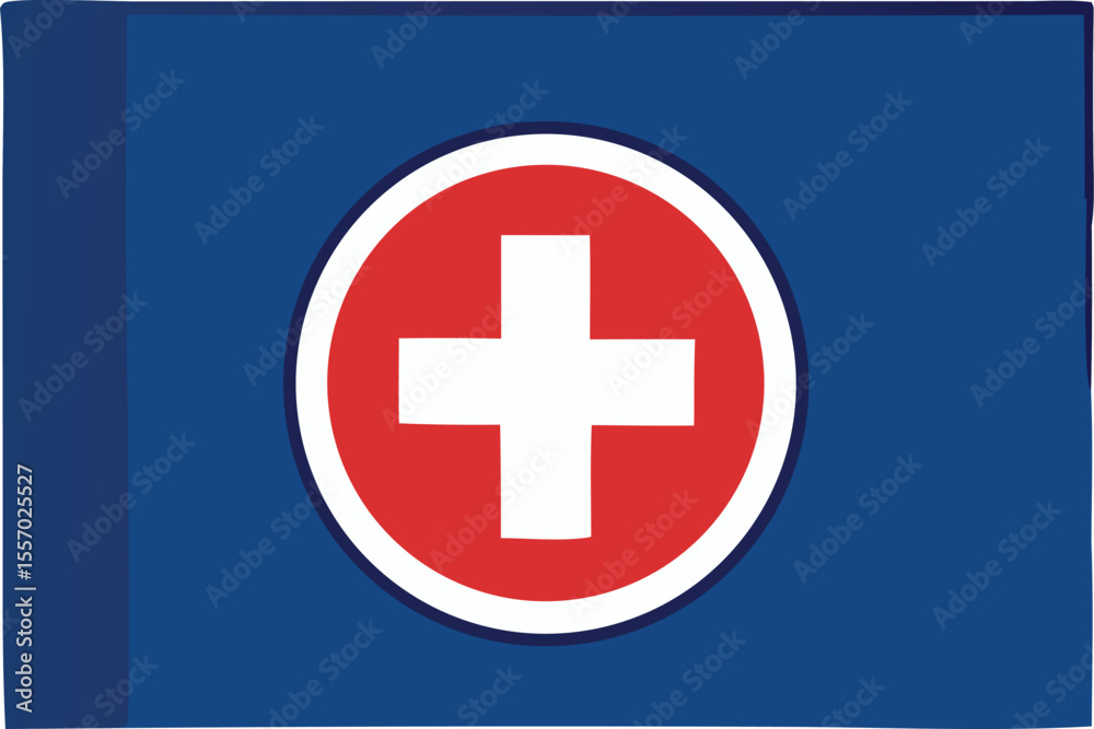 Fototapeta premium Blue Flag with Red Circle and White Cross Representing Medical Aid or Neutrality with a Textured Fabric Look and Blue Stripe on the Left