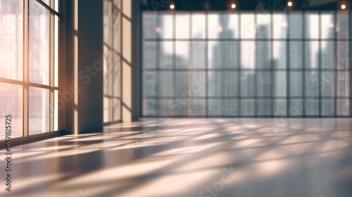 Modern interior space with large windows offering urban views and natural light  perfect for creative work.