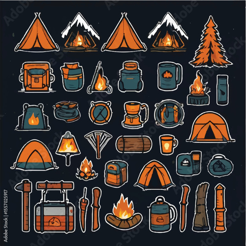 Camping icons vector set: illustrations for travel and summer holiday design