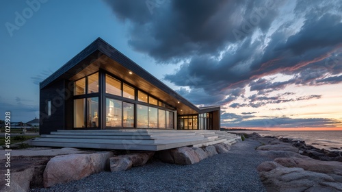 A modern Cape Cod house with sleek dark trim expansive glass windows set against a dramatic sky crashing