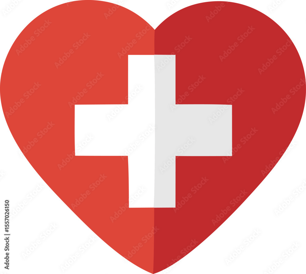 Obraz premium Red Heart with White Cross Symbolizing Health Love and Medical Care Representing First Aid Healthcare and Compassion in a Simple Modern Design red