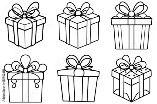 Set of six simple black and white line art gift boxes with bows
