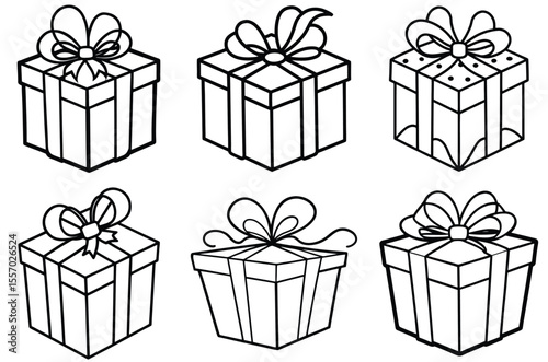 Collection of six hand drawn isometric gift boxes with bows on a white background