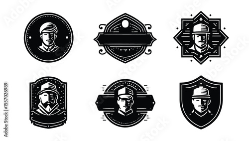 Vector art of six unique vintagestyle logos featuring portraits of men in caps, isolated on white background