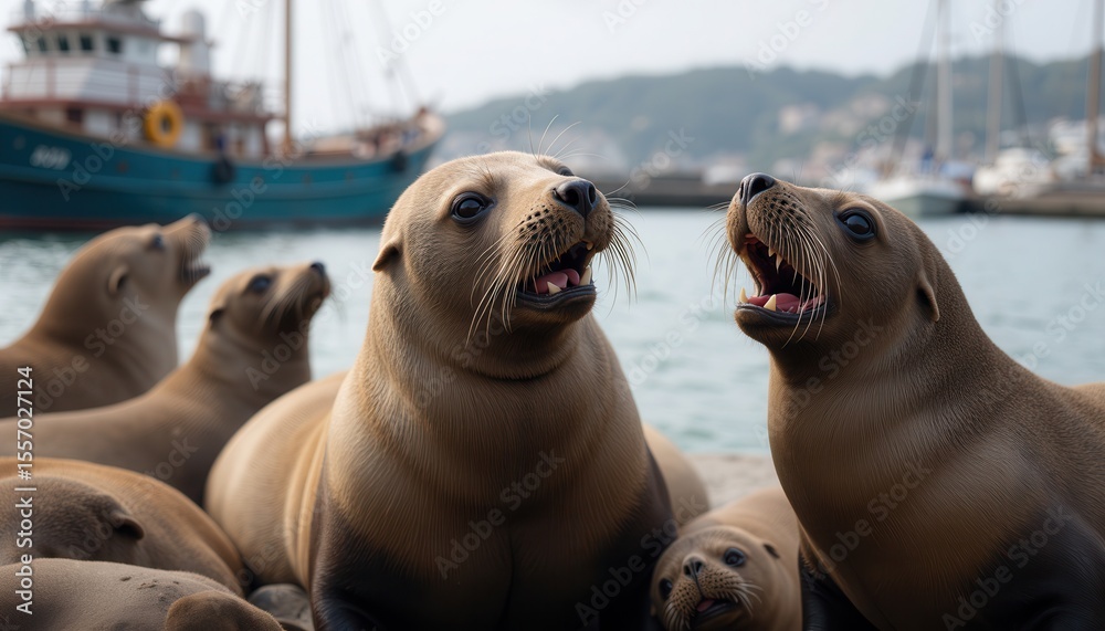 Fototapeta premium Sea lions lounging at harbor with boats in background