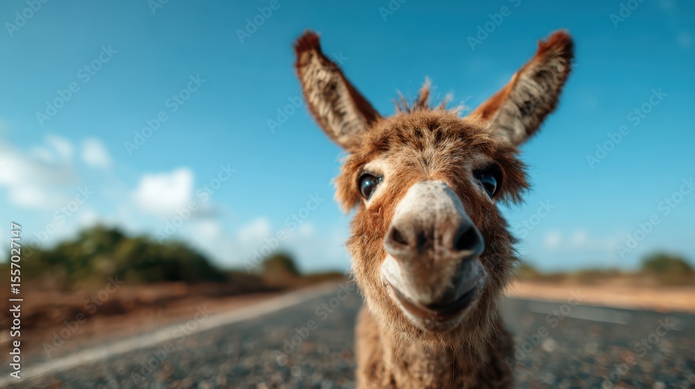 Obraz premium A close-up capture of an adorable donkey with a charming smile against a brilliant blue sky, embodying a sense of playfulness and connection with nature.