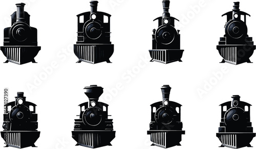 Vector art of eight vintage steam train locomotives isolated on white background, a classic transportation icon set