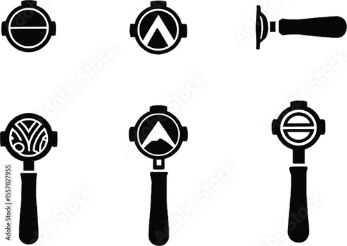 Vector art of a set of various black coffee portafilter icons isolated on white background