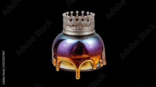 Iridescent liquid blob with a metallic crown, wavy and melted, resting on a deep black background creating a high fidelity visual effect.
