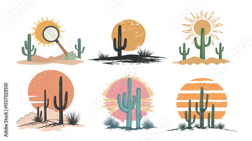 Scenic desert cactus landscape with vintage sun backdrop, minimalist vector illustration featuring tall saguaro cactus silhouettes, retro sunset gradient, arid terrain, and warm earthy tones ideal 