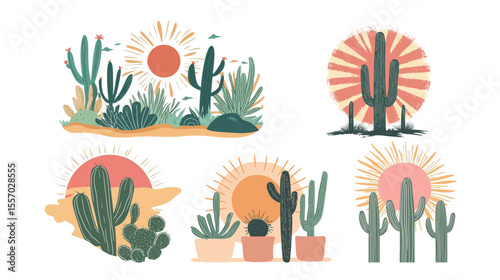 Scenic desert cactus landscape with vintage sun backdrop, minimalist vector illustration featuring tall saguaro cactus silhouettes, retro sunset gradient, arid terrain, and warm earthy tones ideal 