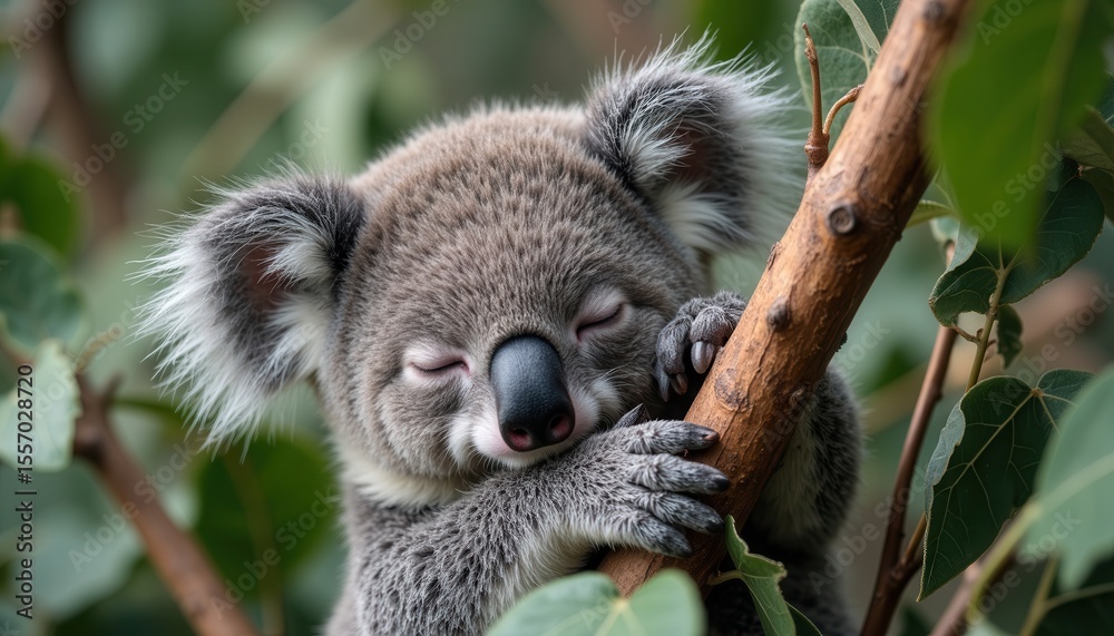 Fototapeta premium Koala peacefully sleeping on eucalyptus tree branch