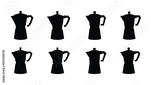 Vector art of eight sleek black coffee maker silhouettes isolated on white background, ideal for cafe menus or kitchen designs