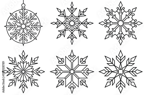 Collection of six unique black line art snowflake designs on a white background