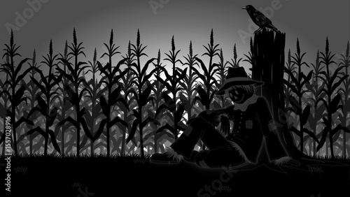 Black and white silhouettes. A scarecrow rests under a tree beside a cornfield, with a crow watching silently above. Vector style