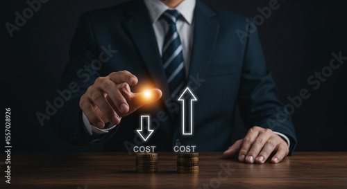 Business Concept of Cost Reduction and Profit Growth Businessman Presenting with Stack of Coins on a Wooden Table with Dark Background
