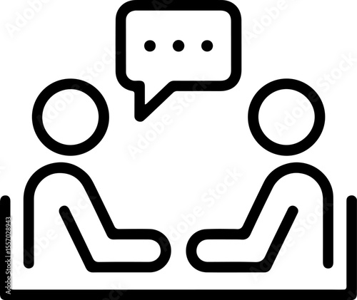 Two people sitting at a table with a speech bubble indicating conversation