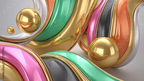 Iridescent liquid metal forms bold wavy shapes floating with high fidelity in this detailed abstract 3D rende ideal for futuristic designs.