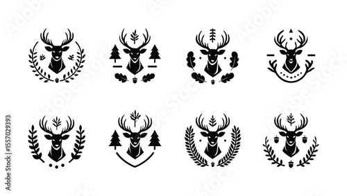Vector art of eight vector illustrations of deer heads with various natureinspired elements, isolated on white background