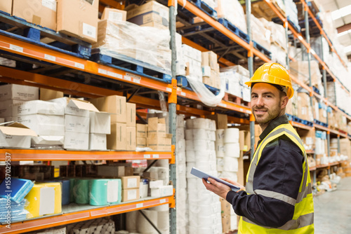 Male worker wearing hard hat and hi-vis vest inspecting stock with tablet in warehouse, copy space