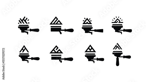 Vector art of collection of eight black and white coffee portafilter icons with mountain and sun symbols isolated on white background
