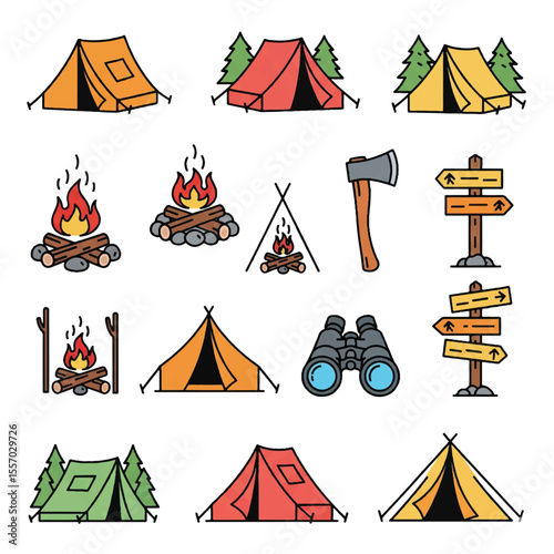 A cartoon vector illustration set of camping icons featuring tents, trees, boats, and mountains, perfect for travel and nature designs