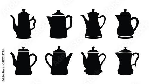 Vector art of a set of eight coffee pot icons, isolated on white background, perfect for cafe and restaurant design