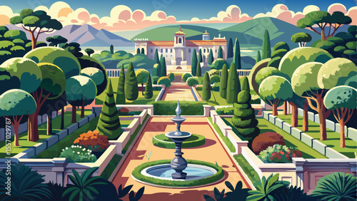 Park and landscape design of the Papal Garden in Castel Gandolfo, Italy. Elegant classical garden layout with manicured hedges, fountains, stone pathways, and panoramic views of the Roman countryside