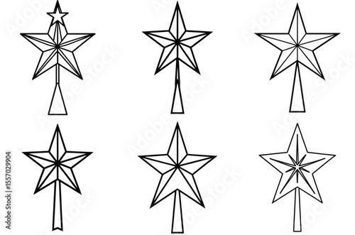 Collection of six stylized star tree toppers in black outline
