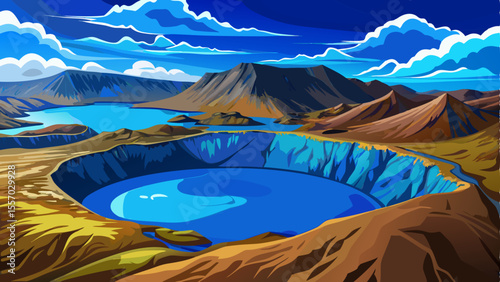 The stunning blue crater lakes of Bláhlyur and Ljótipollur in the Icelandic Highlands. Volcanic landscape with vibrant blue water, contrasting red and black volcanic rocks