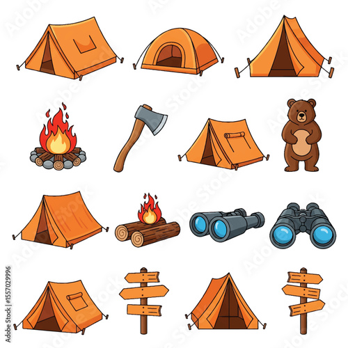 Vector set of camping icons illustrating outdoor adventure with tents, mountains, and trees