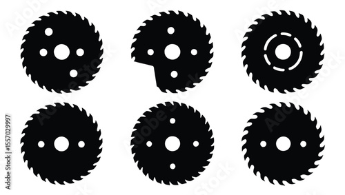Vector art of a set of six different circular saw blades, isolated on white background