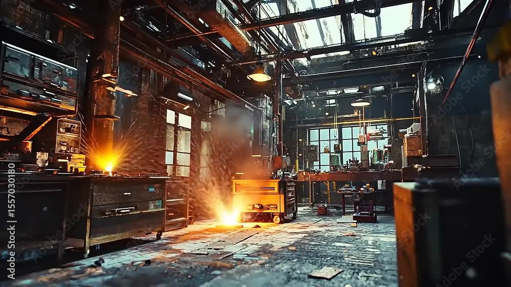 Industrial workshop with sparks flying, cluttered tools, and sunlight filtering through windows