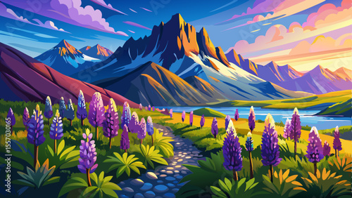 Beautiful sunny day with blooming lupine flowers on Stokksnes cape in Iceland. Vibrant purple flowers stretching across the landscape with the dramatic Vestrahorn mountain in the background