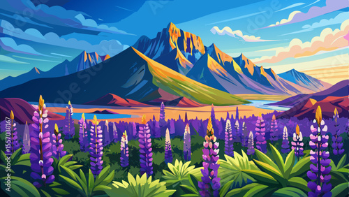 Beautiful sunny day with blooming lupine flowers on Stokksnes cape in Iceland. Vibrant purple flowers stretching across the landscape with the dramatic Vestrahorn mountain in the background