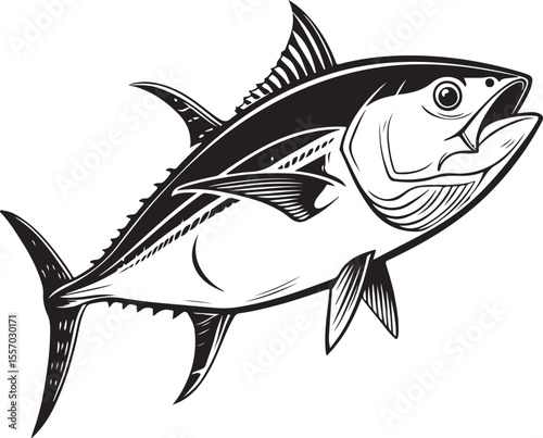 Blackfin tuna fish Vector Illustration, Sketch Drawing Line Linear Symbol Icon Engraving Coloring Book, Hand-drawn Black and White Isolated
