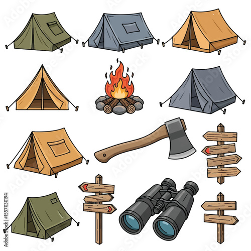 Vector illustration icon set for camping with tent, mountain, and other outdoor objects