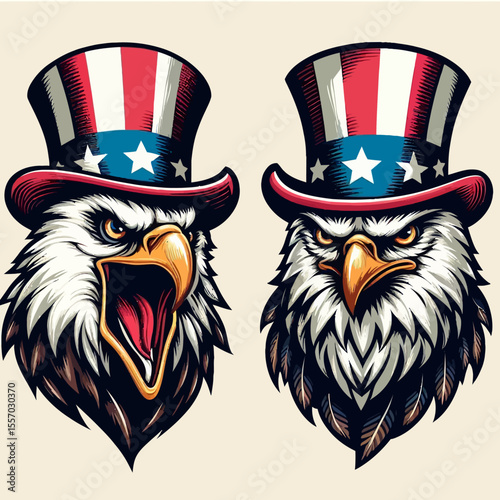 Patriotic Bald Eagle Heads with Uncle Sam Hats Vector Illustration