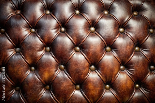 A close up of a brown leather couch with gold buttons