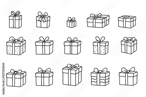 Set of doodle gift boxes. Hand drawn gift boxes of different shapes and sizes. Vector illustration
