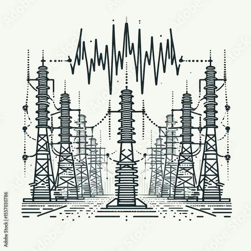 Electric Power Transmission Towers with Voltage Waveform Vector Illustration
