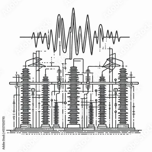 Electric Power Transmission Towers with Voltage Waveform Vector Illustration
