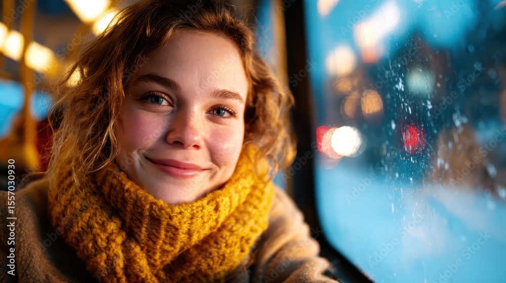 custom made wallpaper toronto digitalA charming image of a cheerful young woman on a bus, wrapped in a cozy scarf while gazing out at the rainy cityscape, encapsulating comfort, introspection, and urban beauty.